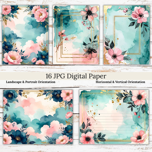 Watercolor Teal Pink Floral Digital Paper Pack Bundle