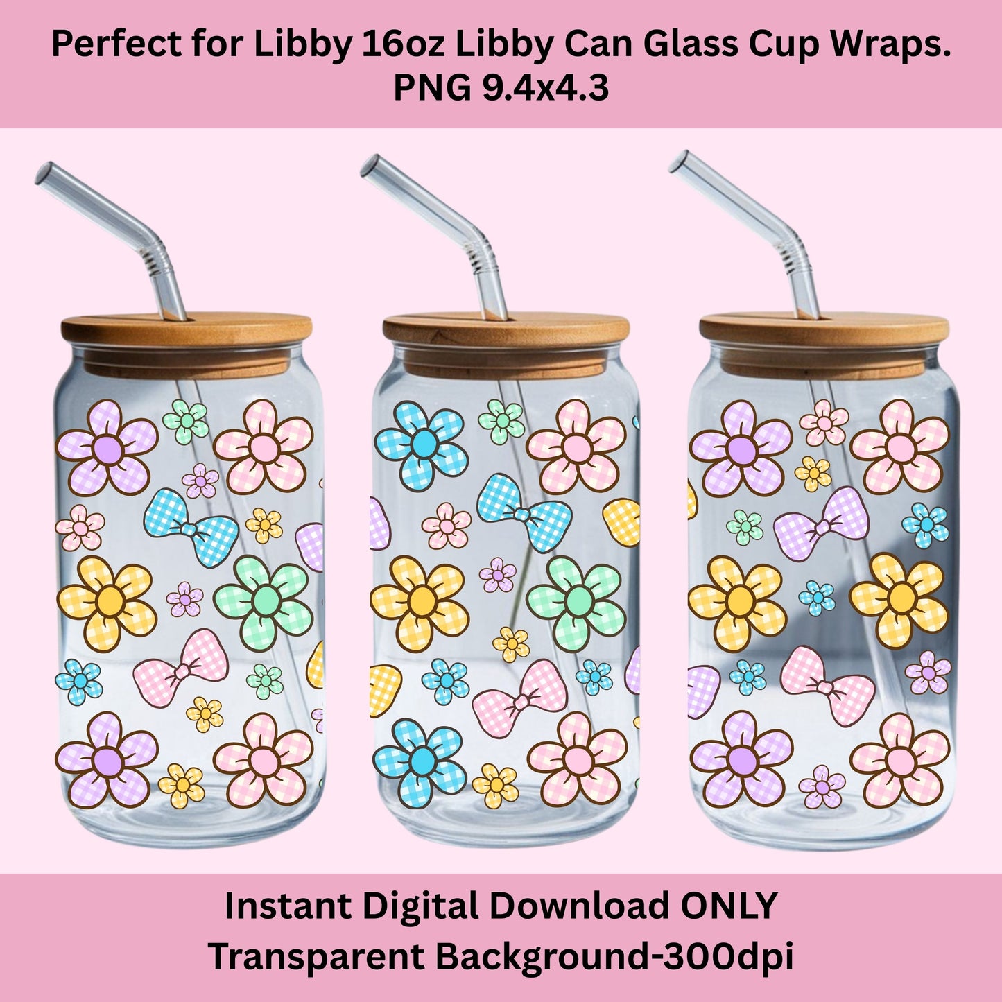 Plaid Daisy Floral Libbey Glass Can Cup Wrap