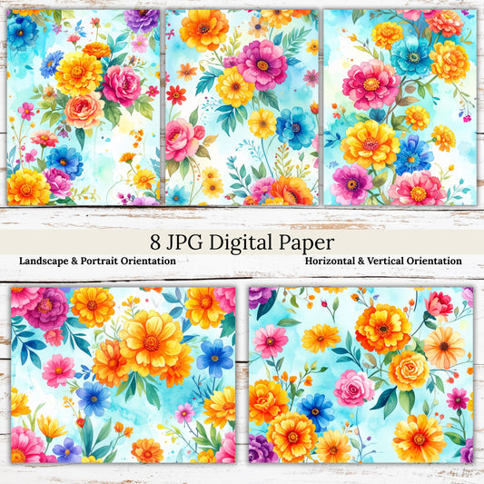 Bright Watercolor Floral Digital Paper Pack Bundle