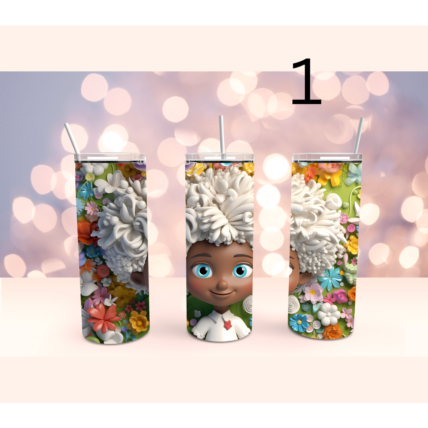 Cute African American Girl 3D Floral Stainless Steel Tumbler Cup