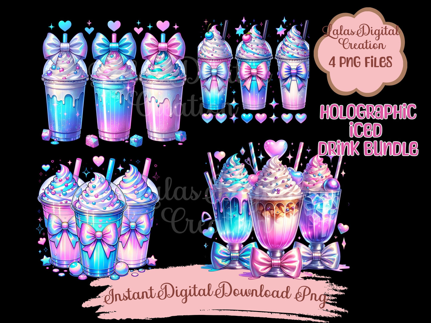 Holographic Iced Drink Clipart Bundle Instant Digital PNG Download