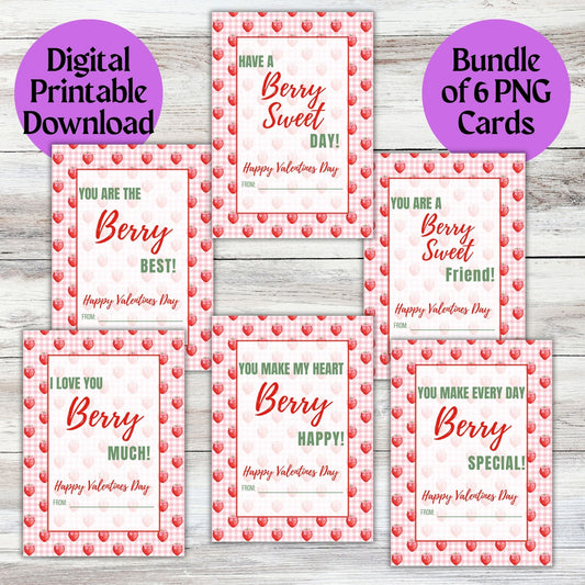 Strawberry Checkered Valentines Day Printable Digital Card Bundle