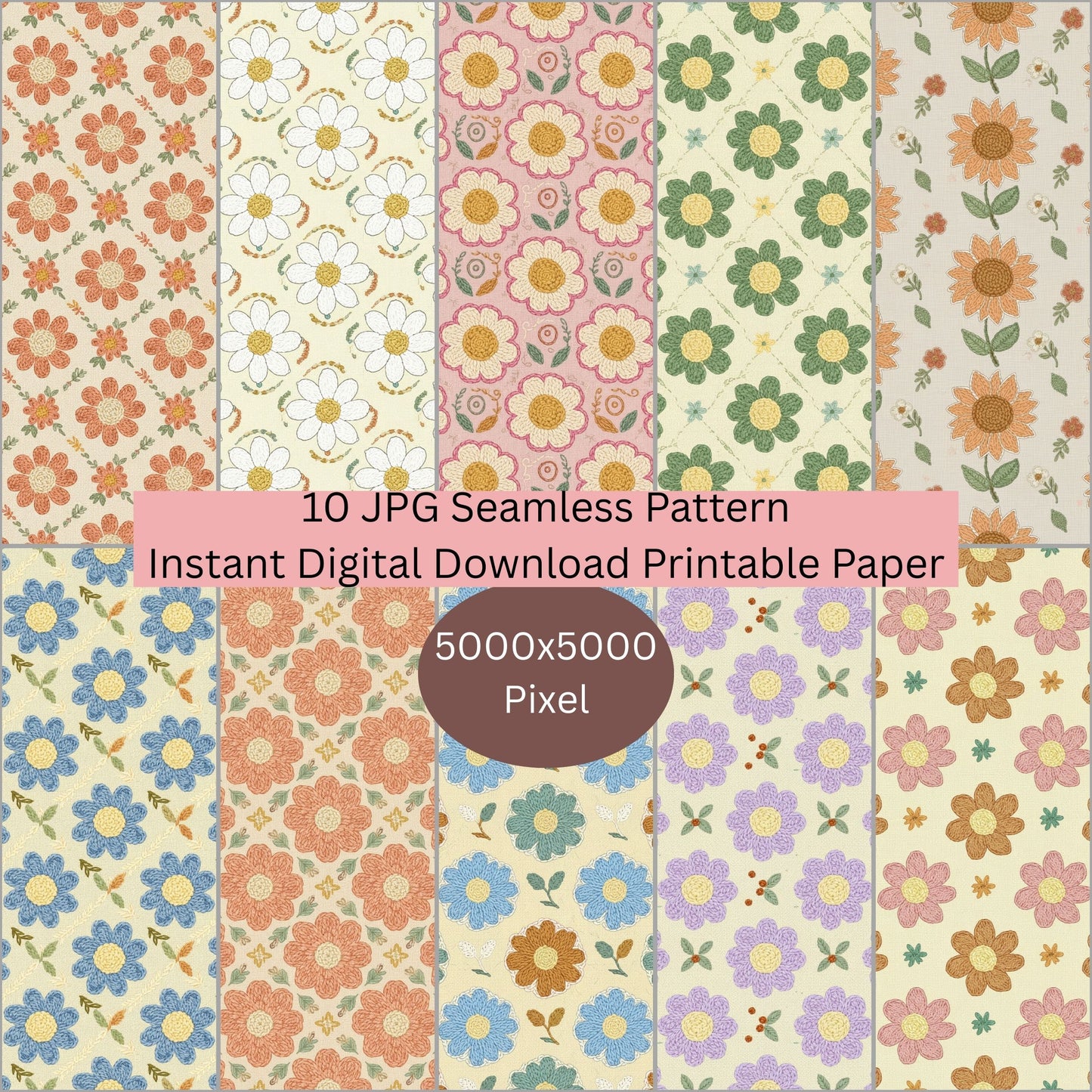 Faux Crochet Floral Seamless Repeating Pattern Paper Bundle