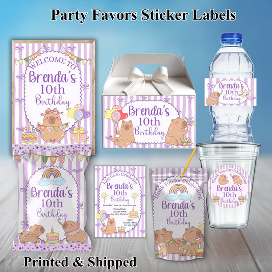 Purple Capybara Birthday Party Sticker Labels