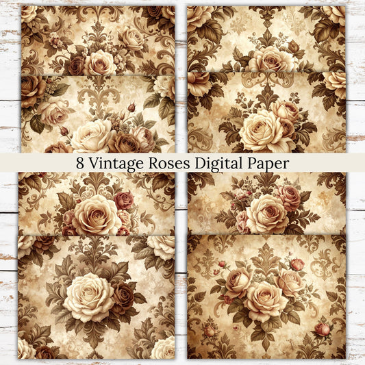 Vintage Ivory Rose Digital Paper Pack Bundle