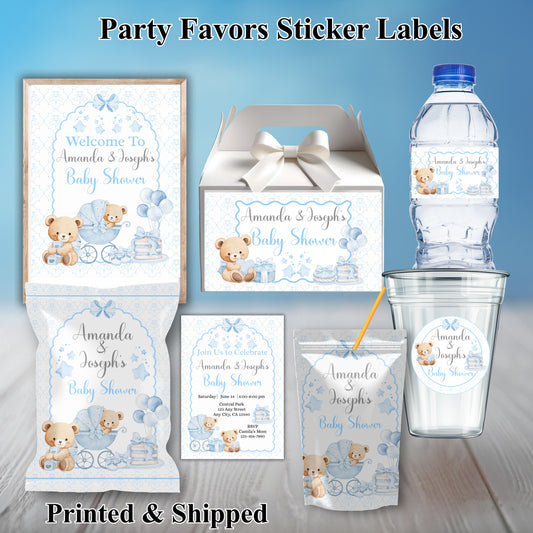 Blue Bear Boy Baby Shower Party Sticker Labels