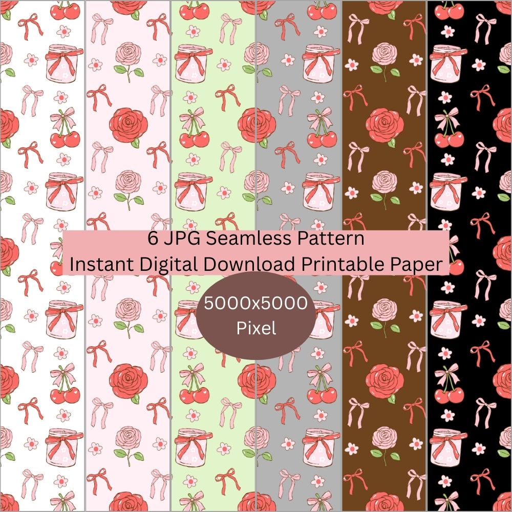 Preppy Cherry & Roses Seamless Repeating Pattern Paper Bundle Set