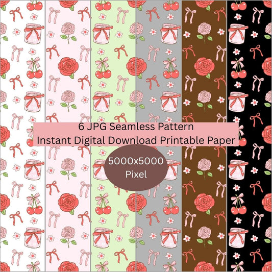 Preppy Cherry & Roses Seamless Repeating Pattern Paper Bundle Set