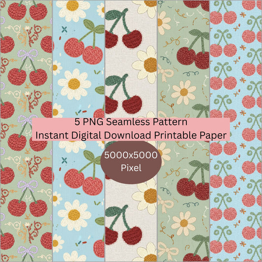 Faux Crochet Cherry 5 Seamless Repeating Pattern Paper Bundle