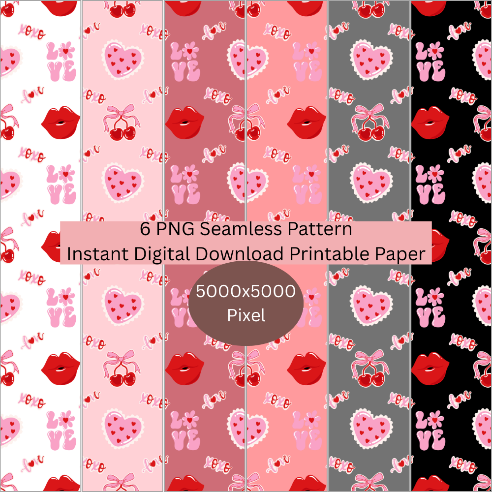 Valentines Cherry & Kisses Seamless Repeating Pattern Paper Bundle Set