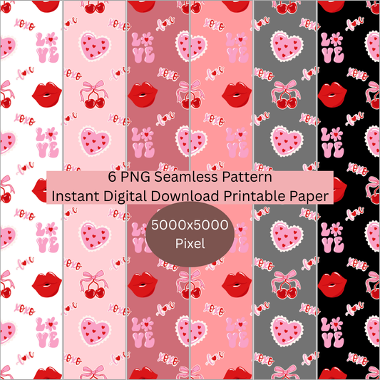 Valentines Cherry & Kisses Seamless Repeating Pattern Paper Bundle Set