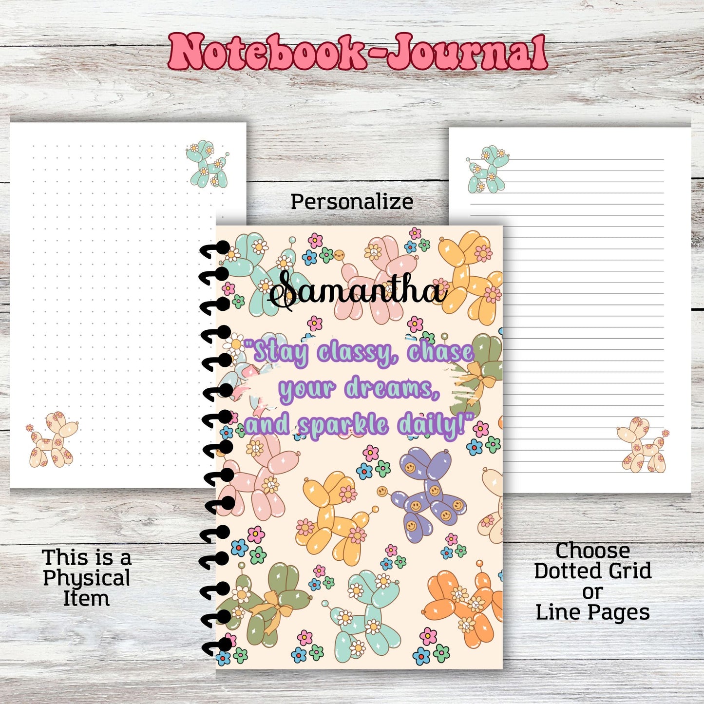 Preppy Balloon Dog Notebook Journal Lined or Dotted Grid Paper