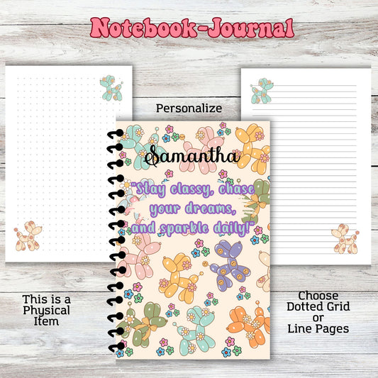 Preppy Balloon Dog Notebook Journal Lined or Dotted Grid Paper