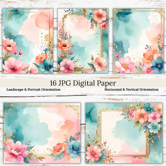 Watercolor Floral Gold Frame Digital Paper Pack Bundle