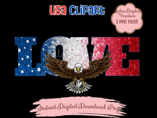 USA American Flag LOVE Clipart PNG Instant Digital Download