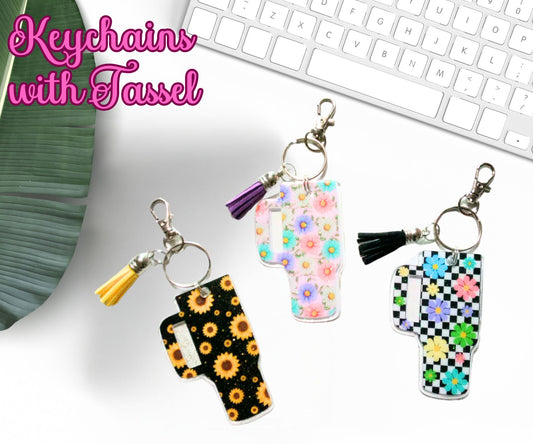 Tumbler Cup Keychain Daisy Sunflowers Glitter Resin with Tassel Keychain-Novelty Keychain-Resin Acrylic Keychain-With Tassel Keychain