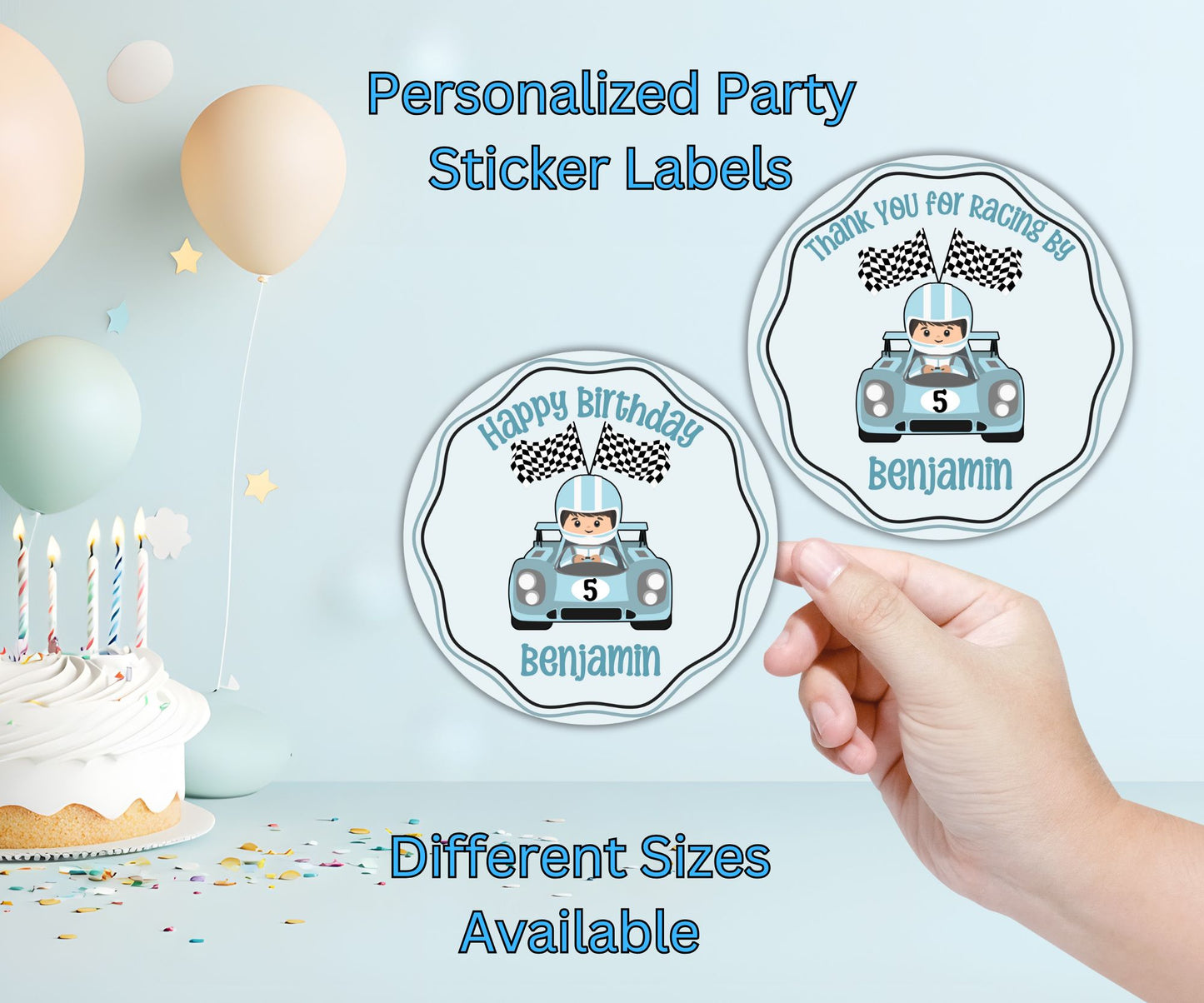 Blue Boys Race Car Birthday Party Sticker Labels