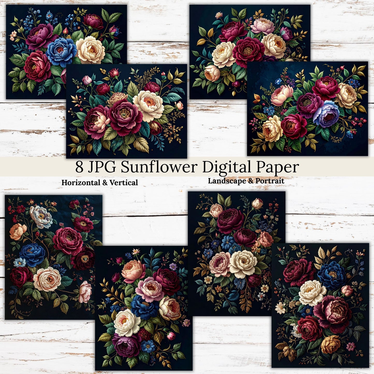 Dark Rose Floral Digital Paper Pack Bundle