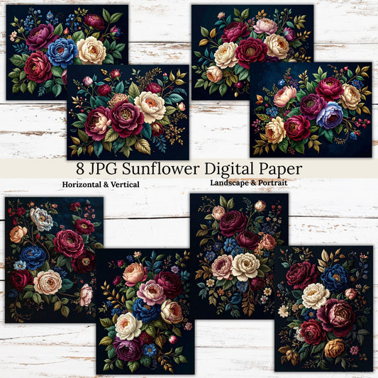 Dark Rose Floral Digital Paper Pack Bundle