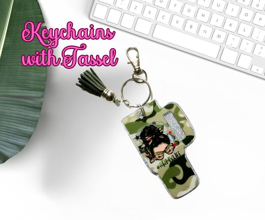 Tumbler Cup Keychain Army Life Glitter Resin with Tassel Keychain-Novelty Keychain-Resin Acrylic Keychain-With Tassel Keychain