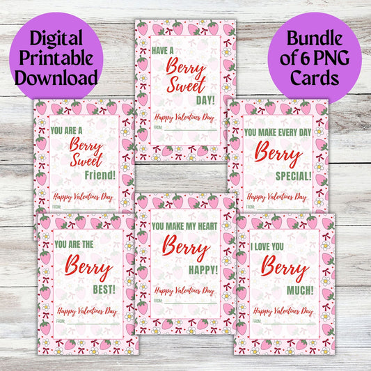 Pink Strawberry Valentines Day Card Bundle Printable Digital Cards