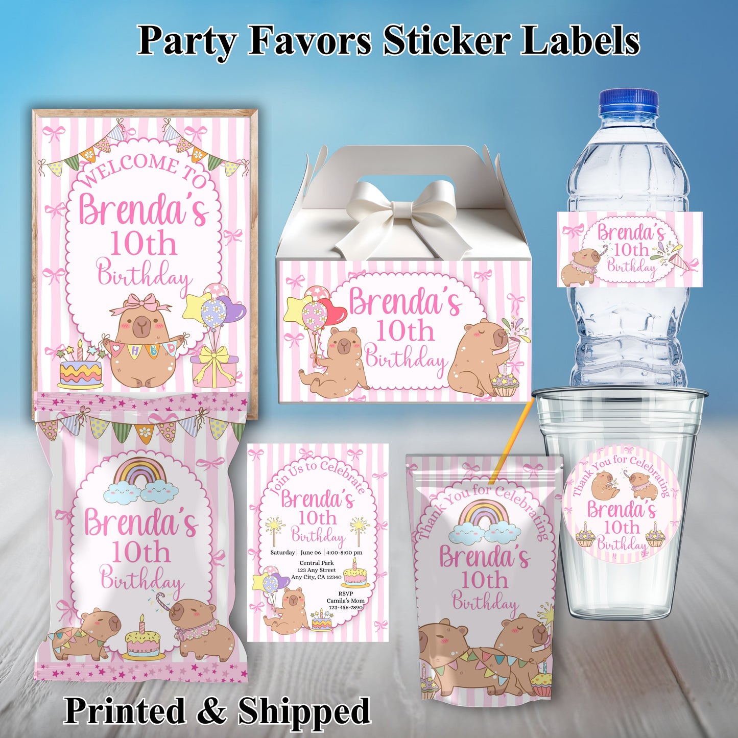 Pink Capybara Birthday Party Sticker Labels