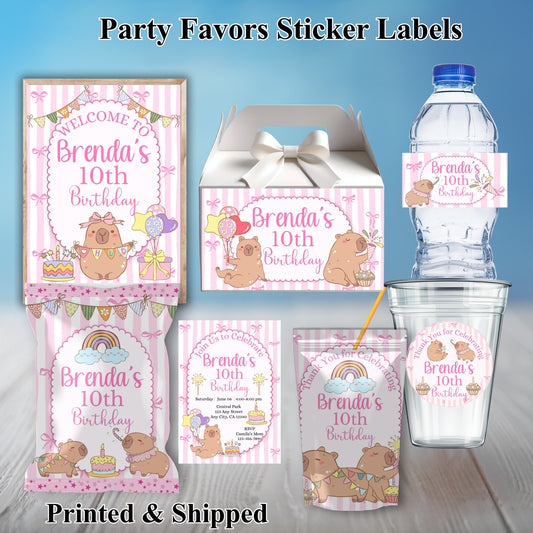 Pink Capybara Birthday Party Sticker Labels