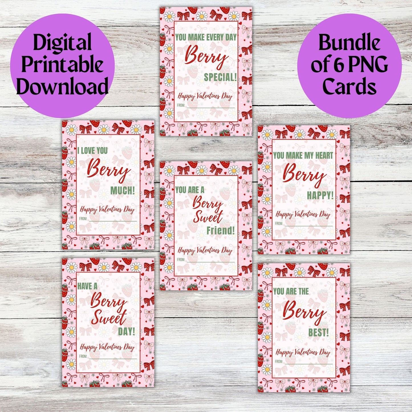 Pink Strawberry Bow Valentines Day Printable Digital Card Bundle