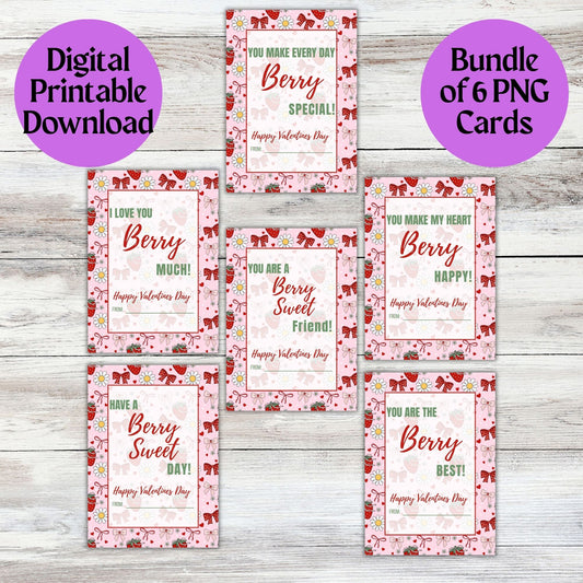 Pink Strawberry Bow Valentines Day Printable Digital Card Bundle