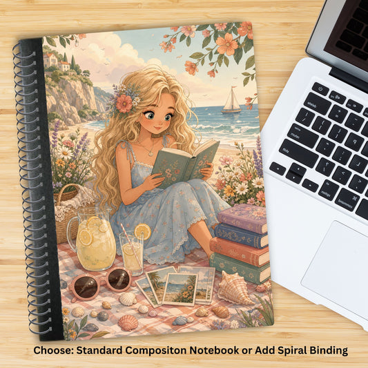 Beach Girl Reads Altered Composition Notebook-Add Spiral Binding