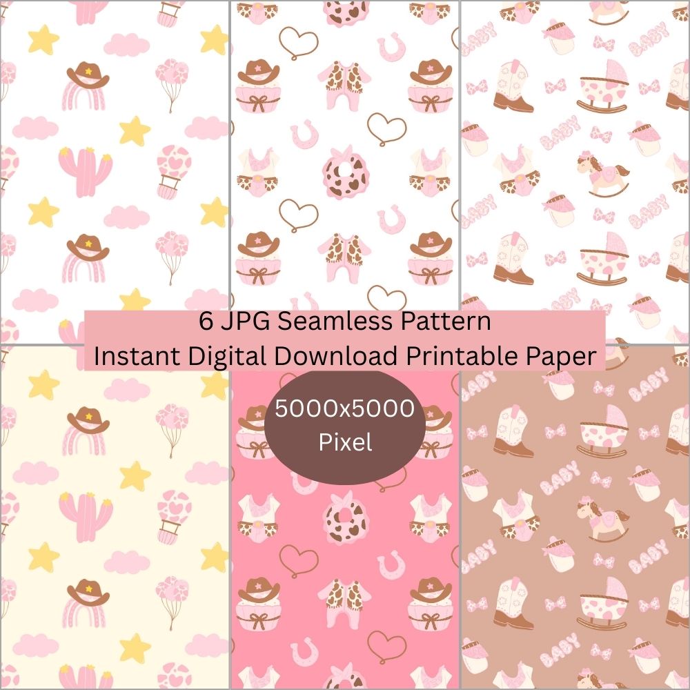 Pink Girls Baby Western Seamless Repeating Pattern Paper Bundle Set