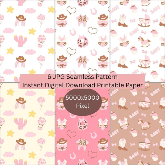 Pink Girls Baby Western Seamless Repeating Pattern Paper Bundle Set