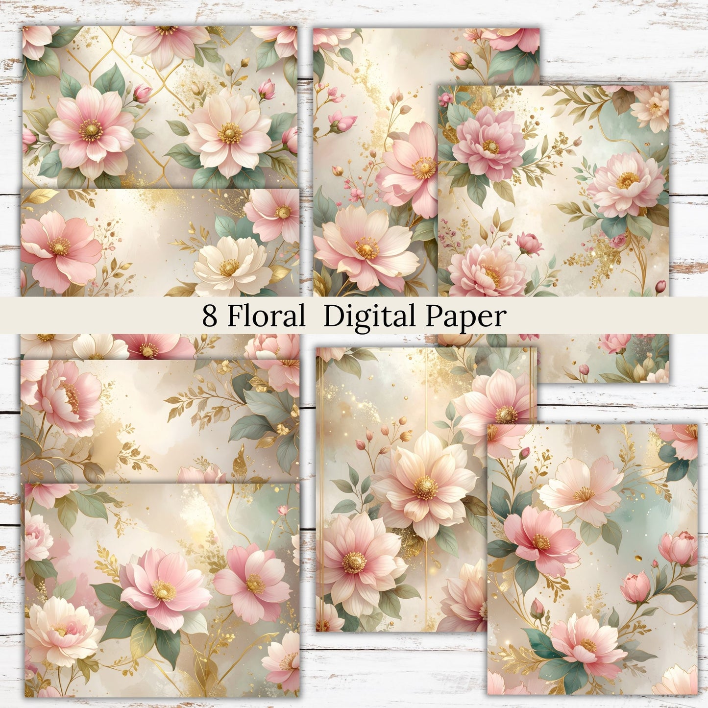Pink Floral Gold Trim Digital Paper Pack Bundle