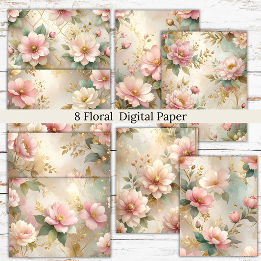 Pink Floral Gold Trim Digital Paper Pack Bundle