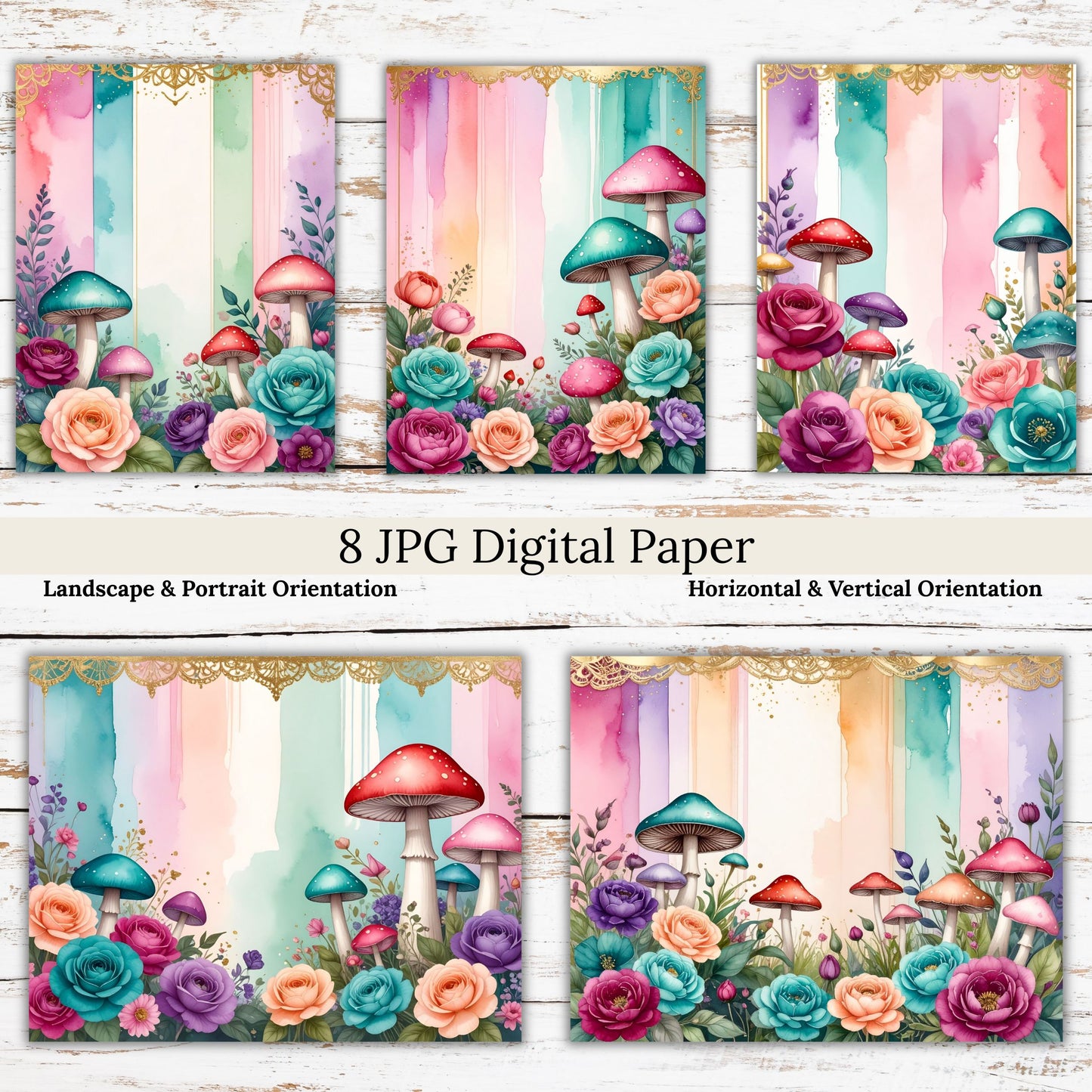 Multi Mushroom brushstroke Digital Paper Pack Bundle