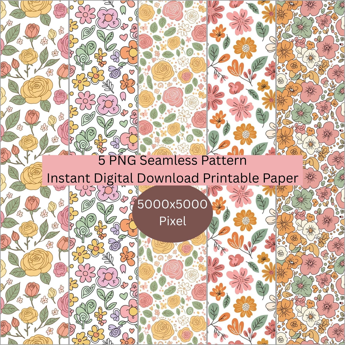 Doodle Floral Seamless Repeating Pattern Paper Bundle