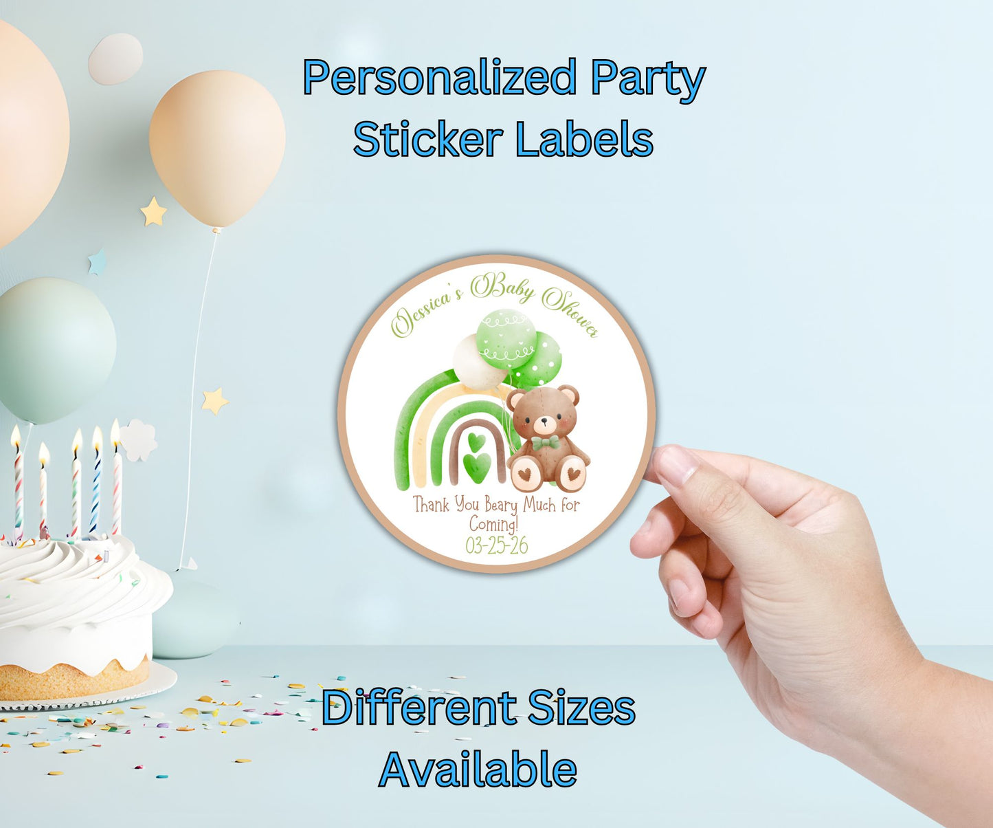 Boys Rainbow Bear Baby Shower Party Sticker Labels