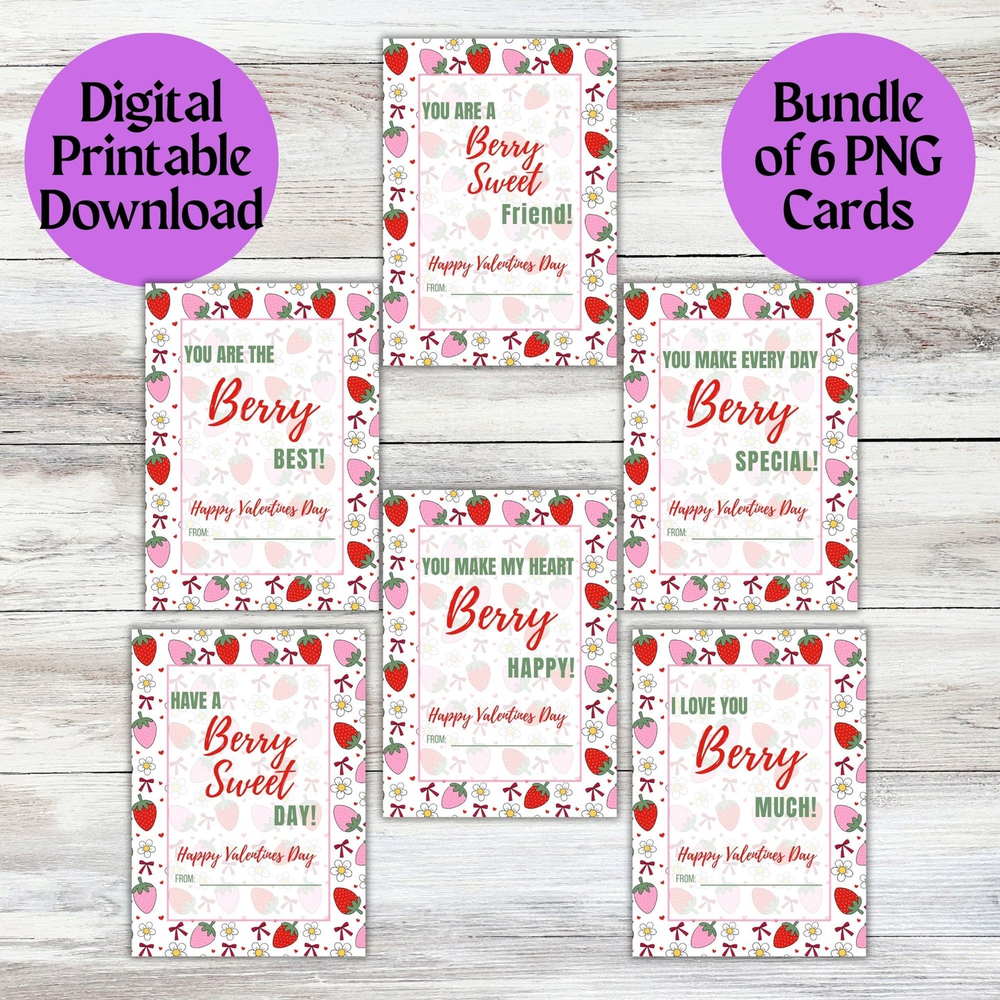 Multi Strawberry Valentines Day Printable Digital Card Bundle