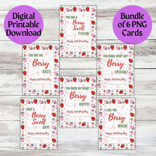 Multi Strawberry Valentines Day Printable Digital Card Bundle