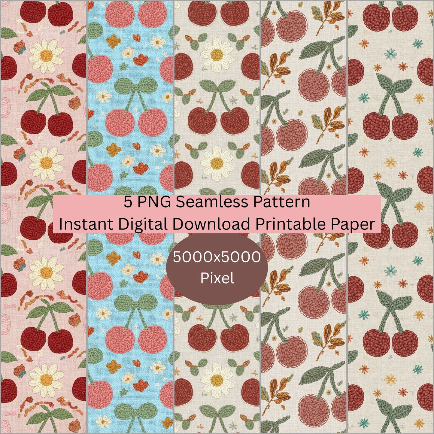 Faux Crochet Cherry 4 Seamless Repeating Pattern Paper Bundle