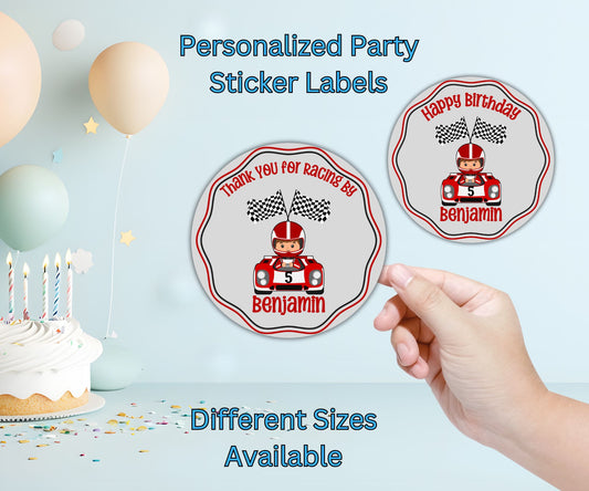 Red Boys Race Car Birthday Party Sticker Labels
