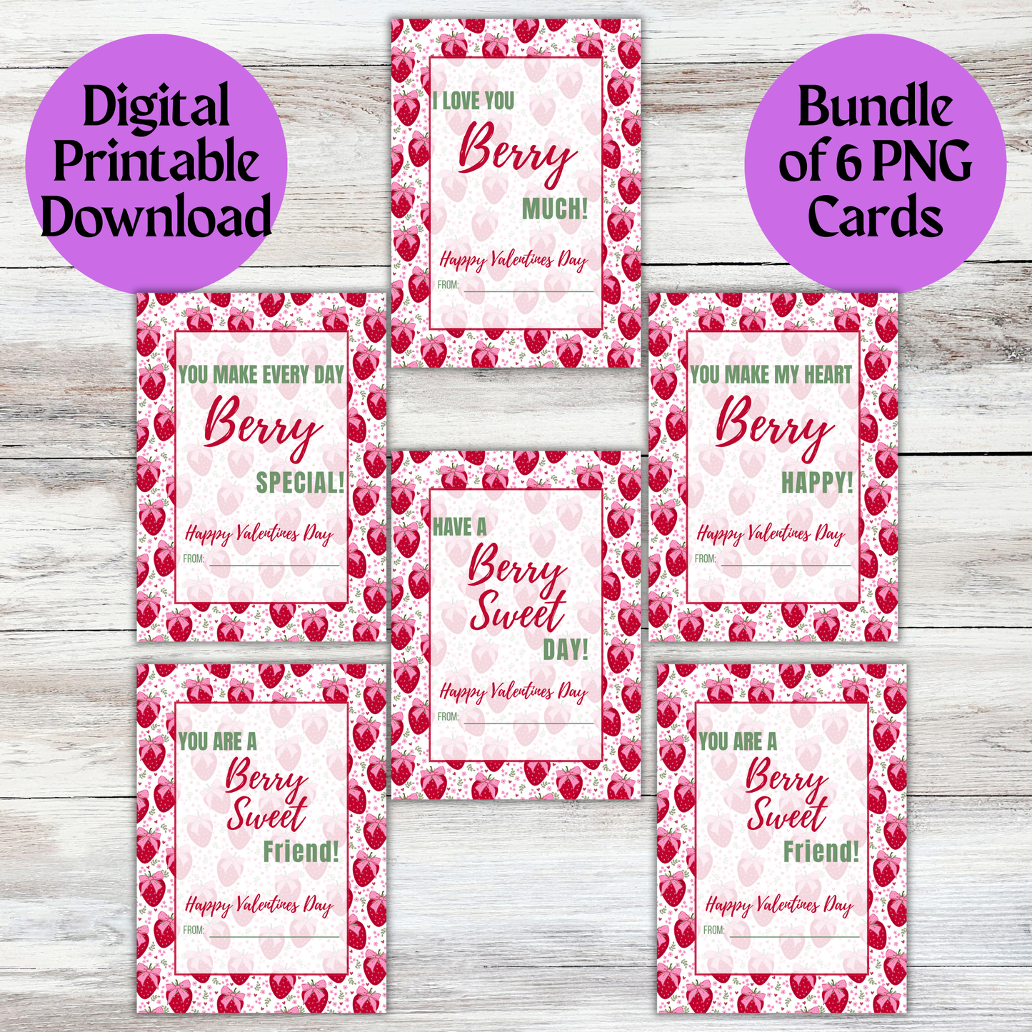 Strawberry floral Valentines Day Printable Digital Card Bundle