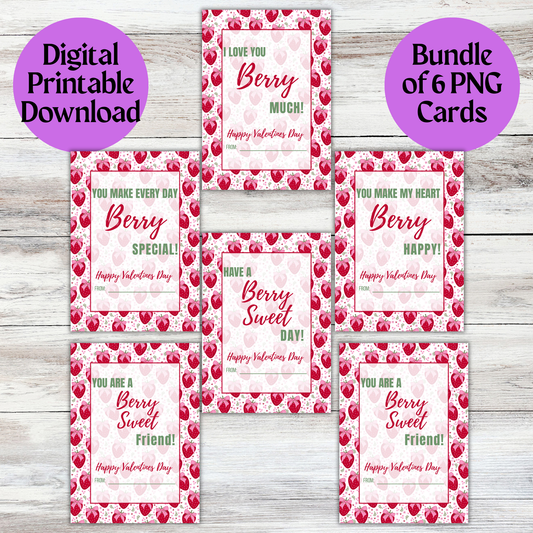 Strawberry floral Valentines Day Printable Digital Card Bundle