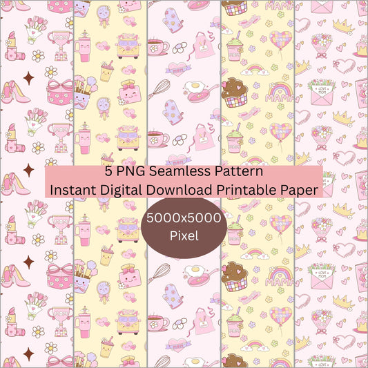 Preppy Coquette Mothers Day Seamless Repeating Pattern Paper Bundle Set