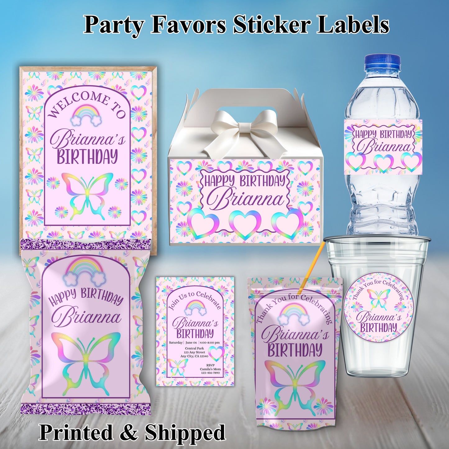 Rainbow Butterfly Girls Party Sticker Labels