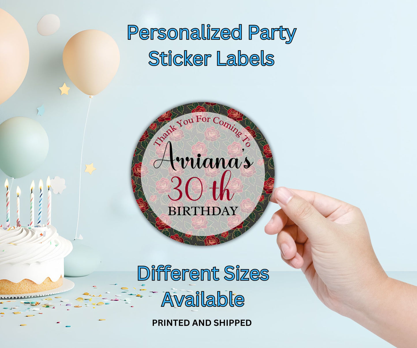 Red Rose Birthday Party Sticker Labels