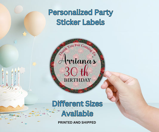 Red Rose Birthday Party Sticker Labels