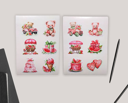 Watermelon Bears Sticker Sheet-Waterproof Vinyl Durable-Scrapbook Stickers-Novelty Sticker