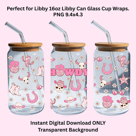 Pink Wester Howdy Libbey Glass Can Cup Wrap