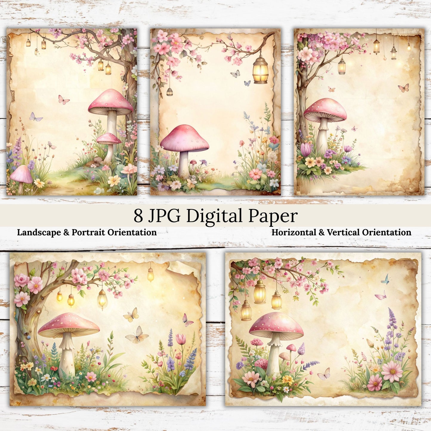 Vintage Pink Mushroom Digital Paper Pack Bundle